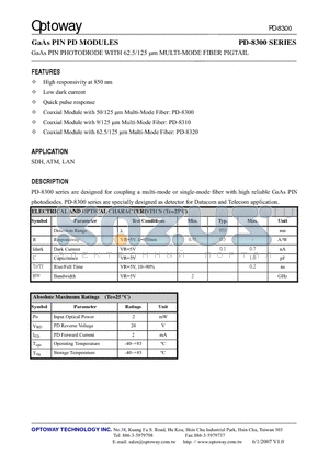 PD-8320-XFA datasheet - GaAs PIN PD MODULES GaAs PIN PHOTODIODE WITH 62.5/125 um MULTI-MODE FIBER PIGTAIL