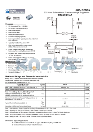 SMBJ13 datasheet - 600 Watts Suface Mount Transient Voltage Suppressor