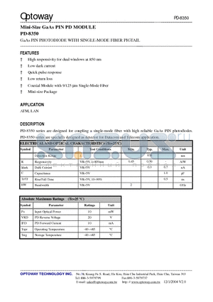 PD-8350-L datasheet - Mini-Size GaAs PIN PD MODULE GaAs PIN PHOTODIODE WITH SINGLE-MODE FIBER PIGTAIL