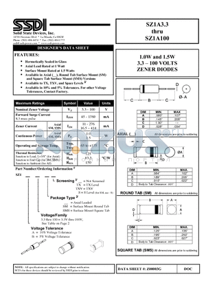 SZ1A20 datasheet - 3.3  100 VOLTS ZENER DIODES