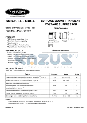 SMBJ130A datasheet - SURFACE MOUNT TRANSIENT VOLTAGE SUPPRESSOR