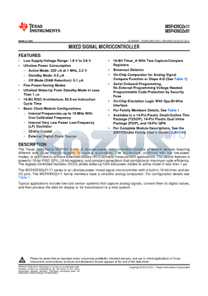 MSP430G2001IRSA16T datasheet - MIXED SIGNAL MICROCONTROLLER