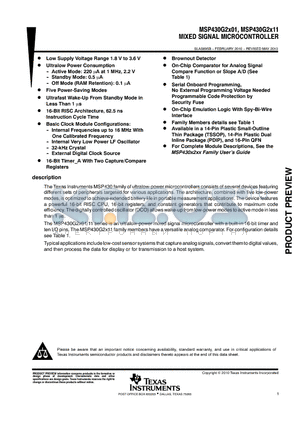 MSP430G2001IPW14 datasheet - MIXED SIGNAL MICROCONTROLLER