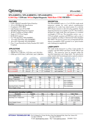 SPS-4140BRWG datasheet - 6.144 Gbps / 1310 nm / 40 km Digital Diagnostic Multi-Rate CPRI SMSFP