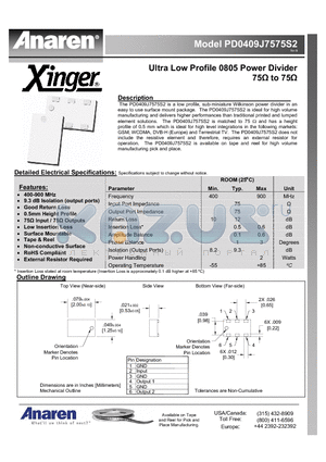 PD0409J7575S2 datasheet - Ultra Low Profile 0805 Power Divider 75Y to 75Y