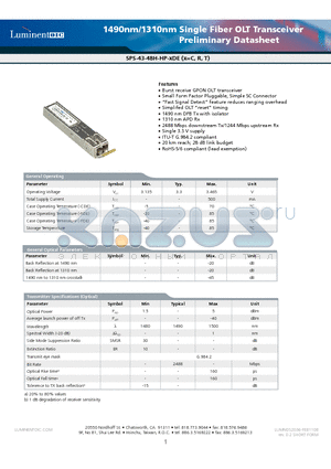 SPS-43-48H-HP-RDE datasheet - 1490nm/1310nm Single Fiber OLT Transceiver Preliminary Datasheet