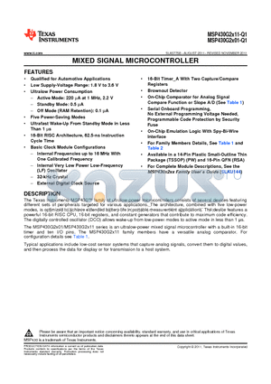 MSP430G2111 datasheet - MIXED SIGNAL MICROCONTROLLER