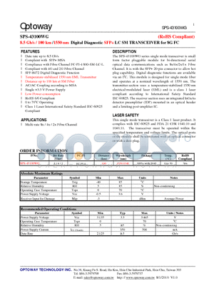 SPS-43100WG datasheet - 8.5 Gb/s / 100 km /1550 nm Digital Diagnostic SFP LC SM TRANSCEIVER for 8G FC