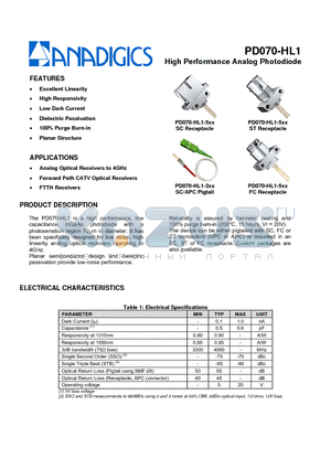 PD070-HL1-5XX datasheet - High Performance Analog Photodiode