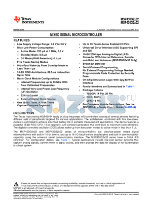 MSP430G2102IPW14 datasheet - MIXED SIGNAL MICROCONTROLLER