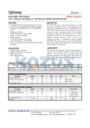 SPS-5120AG datasheet - 3.3V / 1310 nm / 622 Mbps LC SFP SINGLE-MODE TRANSCEIVER