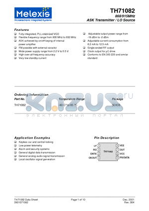 TH7108 datasheet - 868/915MHz ASK Transmitter / LO Source