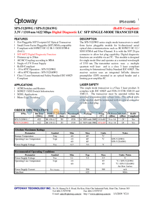 SPS-5120WG_08 datasheet - 3.3V / 1310 nm / 622 Mbps Digital Diagnostic LC SFP SINGLE-MODE TRANSCEIVER