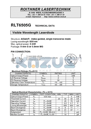 RLT6505G datasheet - Visible Wavelength Laserdiode