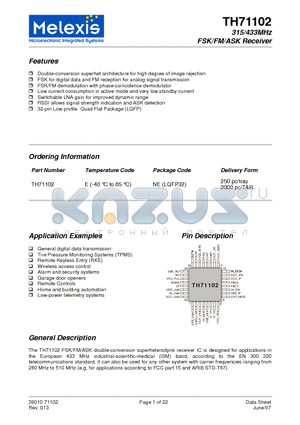 TH71102 datasheet - 315/433MHz FSK/FM/ASK Receiver