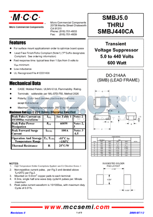 SMBJ15 datasheet - Transient Voltage Suppressor 5.0 to 440 Volts 600 Watt