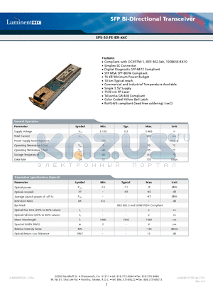 SPS-53-FE-BX-TDC datasheet - SFP Bi-Directional Transceiver