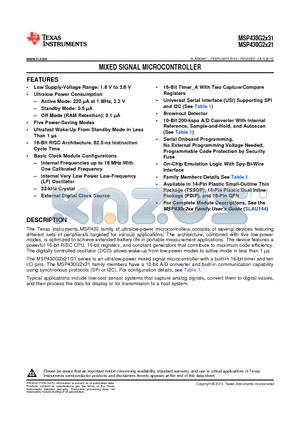 MSP430G2131IRSA16 datasheet - MIXED SIGNAL MICROCONTROLLER