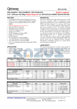 SPS-53160AWG datasheet - 3.3V / 1550 nm / 622 Mbps Digital Diagnostic LC SFP SINGLE-MODE TRANSCEIVER