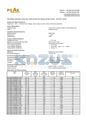 PD10NG-0524Z21H30 datasheet - PD10NG-XXXXZ2:1H30 3KV ISOLATED 2W REGULATED DUAL OUTPUT SIP8