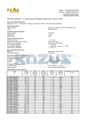 PD10NG-1224Z21 datasheet - PD10NG-XXXXZ2:1 1KV ISOLATED 2W REGULATED DUAL OUTPUT SIP8