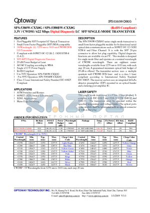 SPS-5380BW-CXX0G datasheet - 3.3V / CWDM / 622 Mbps Digital Diagnostic LC SFP SINGLE-MODE TRANSCEIVER