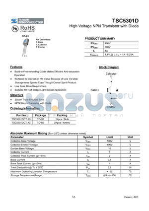 TSC5301DCTA3 datasheet - High Voltage NPN Transistor with Diode
