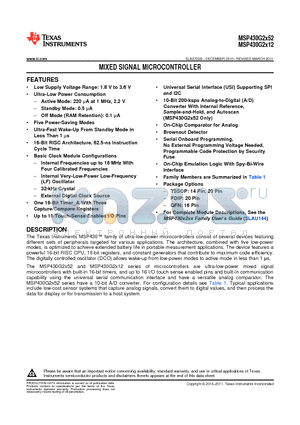 MSP430G2212IRSA16T datasheet - MIXED SIGNAL MICROCONTROLLER