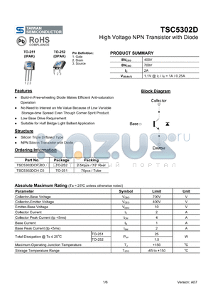 TSC5302D datasheet - High Voltage NPN Transistor with Diode