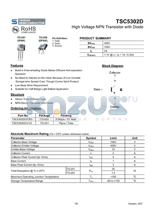 TSC5302DCH datasheet - High Voltage NPN Transistor with Diode