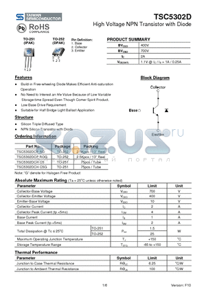TSC5302DCPRO datasheet - High Voltage NPN Transistor with Diode