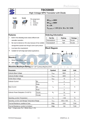 TSC5302DCP datasheet - High Voltage NPN Transistor with Diode