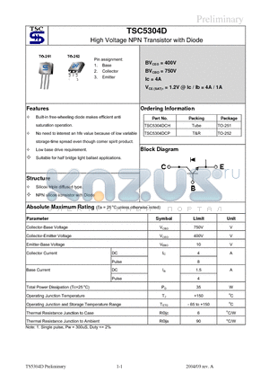 TSC5304DCH datasheet - High Voltage NPN Transistor with Diode