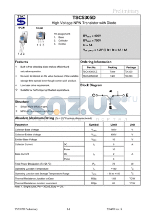 TSC5305DCM datasheet - High Voltage NPN Transistor with Diode