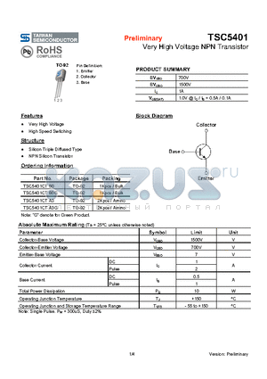 TSC5401CTA3G datasheet - Very High Voltage NPN Transistor