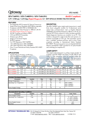 SPS-7140BWG datasheet - 3.3V / 1310 nm / 1.25 Gbps Digital Diagnostic LC SFP SINGLE-MODE TRANSCEIVER