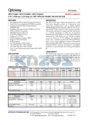SPS-73120AG datasheet - 3.3V / 1550 nm / 1.25 Gbps LC SFP SINGLE-MODE TRANSCEIVER