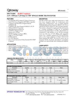 SPS-73120G datasheet - 3.3V / 1550 nm / 1.25 Gbps LC SFP SINGLE-MODE TRANSCEIVER