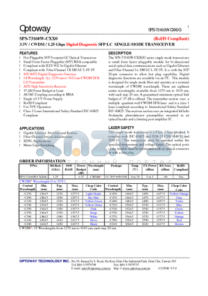 SPS-73160W-CXX0G_08 datasheet - 3.3V / CWDM/ 1.25 Gbps Digital Diagnostic SFP LC SINGLE-MODE TRANSCEIVER