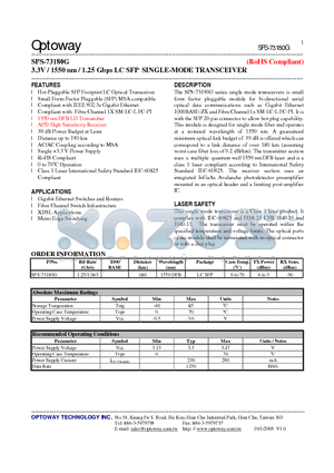 SPS-73180G datasheet - 3.3V / 1550 nm / 1.25 Gbps LC SFP SINGLE-MODE TRANSCEIVER
