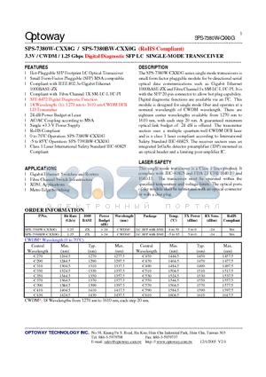 SPS-7380BW-CXX0G datasheet - 3.3V / CWDM / 1.25 Gbps Digital Diagnostic SFP LC SINGLE-MODE TRANSCEIVER