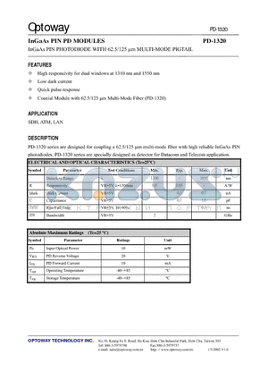 PD1320-VT datasheet - InGaAs PIN PD MODULES InGaAs PIN PHOTODIODE WITH 62.5/125 um MULTI-MODE PIGTAIL