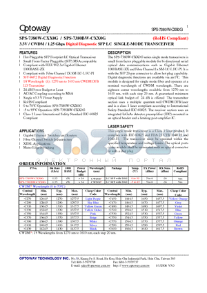 SPS-7380W-CXX0G datasheet - 3.3V / CWDM/ 1.25 Gbps Digital Diagnostic SFP LC SINGLE-MODE TRANSCEIVER