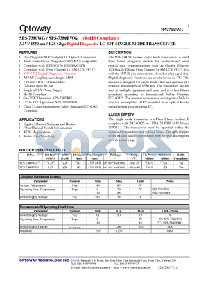 SPS-7380WG datasheet - 3.3V / 1550 nm / 1.25 Gbps Digital Diagnostic LC SFP SINGLE-MODE TRANSCEIVER