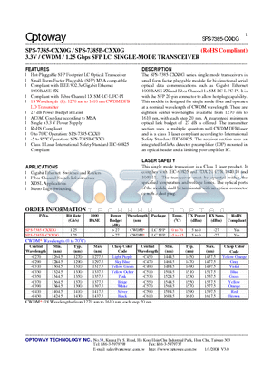 SPS-7385B-CXX0G datasheet - 3.3V / CWDM / 1.25 Gbps SFP LC SINGLE-MODE TRANSCEIVER