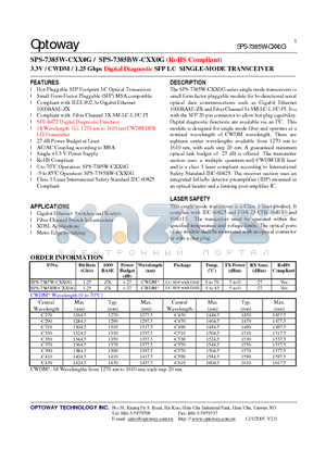 SPS-7385W-CXX0G datasheet - 3.3V / CWDM / 1.25 Gbps Digital Diagnostic SFP LC SINGLE-MODE TRANSCEIVER