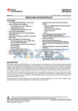 MSP430G2303IRHB32T datasheet - MIXED SIGNAL MICROCONTROLLER