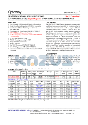 SPS-7385W-CXX0G_08 datasheet - 3.3V / CWDM/ 1.25 Gbps Digital Diagnostic SFP LC SINGLE-MODE TRANSCEIVER