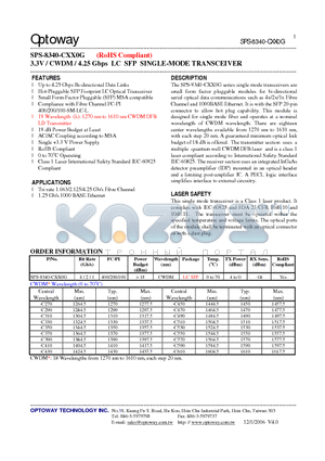 SPS-8340-CXX0G datasheet - 3.3V / CWDM / 4.25 Gbps LC SFP SINGLE-MODE TRANSCEIVER