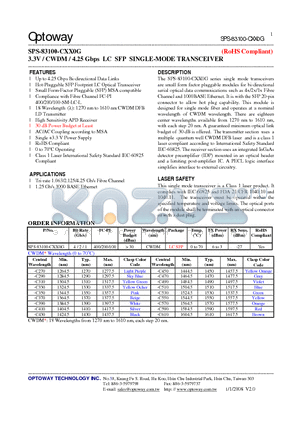 SPS-83100-CXX0G datasheet - 3.3V / CWDM / 4.25 Gbps LC SFP SINGLE-MODE TRANSCEIVER